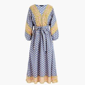 Blue tie-waist, block print midi dress